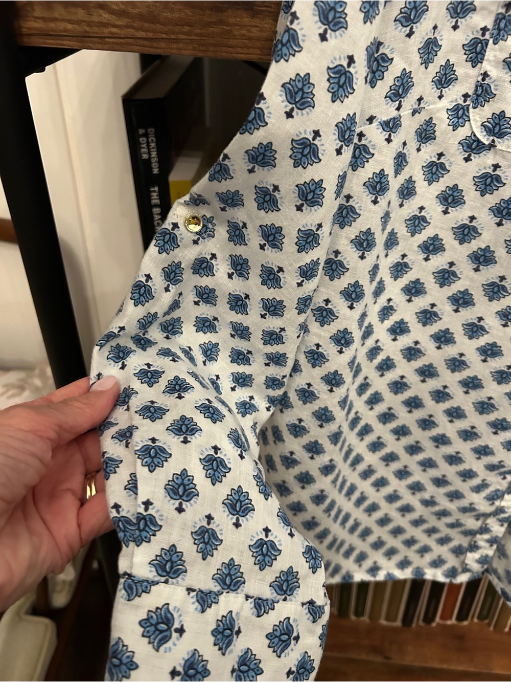 Charter Club Linen White Button-Down Shirt with Blue Floral Print - Picture 4 of 7